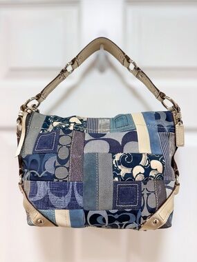 Coach Carly Small Denim Patchwork Hobo Shoulder Bag Blue Multi Vintage Y2K